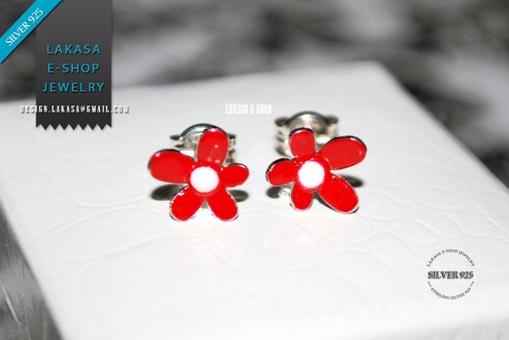 Flowers Red Enamel Studs Earrings Silver 925 white Gold-plated Handmade Jewelry Floral Design Best Ideas Gifts For Her Birthday Anniversary