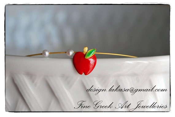Red Enamel Apple Pearls Sterling Silver Goldplated Jewlery Handmade Necklace Birthday Girlfriend Beauty Forbidden Fruit Passion Love Woman