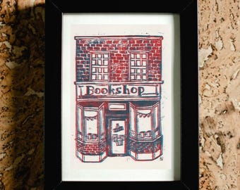 Bookshop illustration | Bookish art | Handmade linocut print | Gift for Book lover | Literature illustration | anaglyph