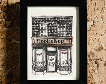 Bookshop  print | Bookish art | Handmade linocut print | Gift for Book lover | Literature illustration | book art
