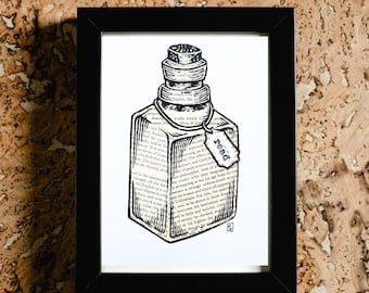 Bottle illustration | Bookish art | Handmade linocut print | Gift for Book lover | Literature illustration