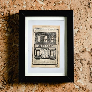 Ilustración de librería / Arte literario / Impresión linográfica hecha a mano / Regalo para amantes de los libros / Ilustración literaria