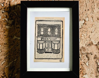 Bookshop illustration | Bookish art | Handmade linocut print | Gift for Book lover | Literature illustration