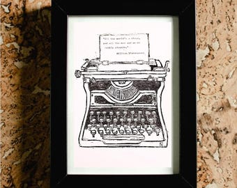 May include: Black and white illustration of a vintage typewriter with a quote from William Shakespeare: "All the world's a stage, and all the men and women merely players."