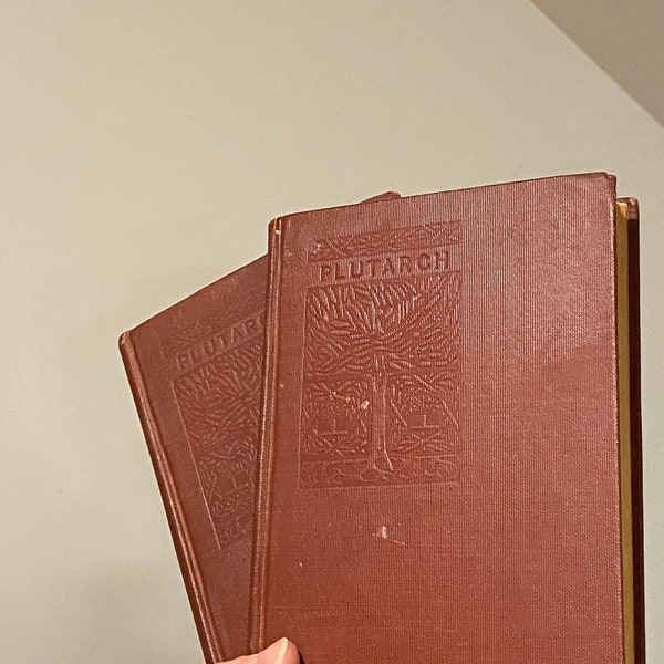 2 PLUTARCH Lives rare 1914 antique hardcover books | Unique Vintage Tree Embossed cover | Antique Library decor, Brick Red books