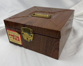 Vintage Mid Century Porta File Box: Green Wood Grain Metal Storage