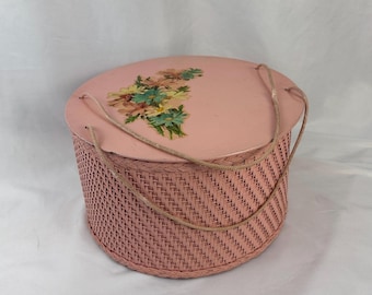 Vintage Pink Flowered Wicker Sewing Basket & Lid | Vintage Craft Storage, Pink Shabby Chic