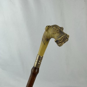 May include: A vintage walking cane with a carved dog head handle. The handle is tan and the shaft is dark brown with a brass collar. The dog's face has detailed fur texture.