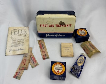 Vintage Blue Johnson and Johnson First Aid Kit, Metal First Aid