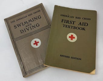 Swimming and Diving and First Aid Textbook - Pair of Red Cross Books | Vintage First Aid Book, Medical Library, Army Green Medical Decor
