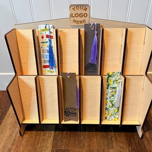 Slot Bookmark Display Shelf 12,Custom Wooden Rack for Bookmarks, Craft Show Display ,Store Display , Flat-Pack Storage Shelf, holds several.