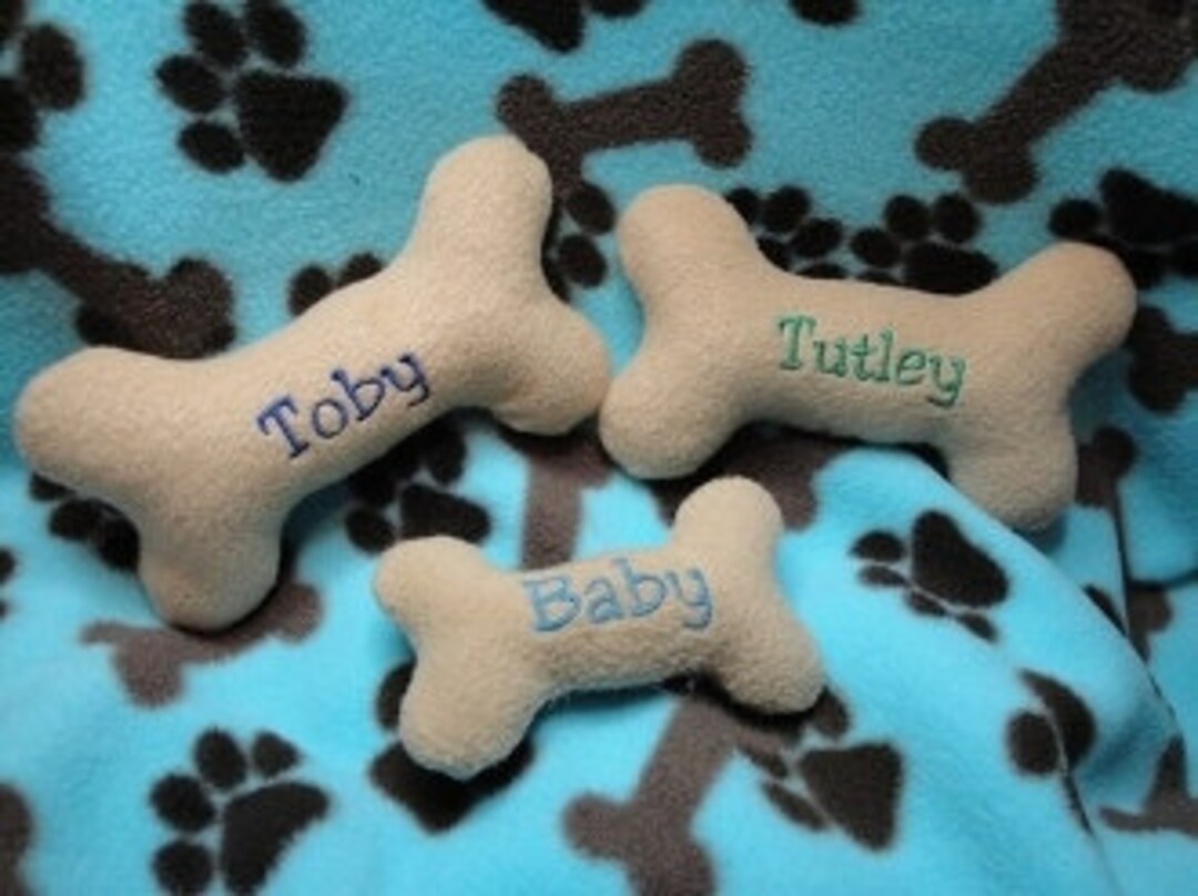 Personalized Small Dog Bone Plush Sqeaky Toy, Embroidered Dog Name