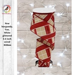Tan Burgundy Striped white glittered ribbon, Floral Supplies, Wreath Supplies, Christmas Ribbon, Farmhouse Ribbon