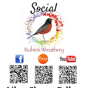Pu&ograve; includere: Grafica con il testo "Lets Get Social" e "Robin's Wreathery". Presenta un pettirosso all'interno di una ghirlanda floreale. Sono incluse icone di social media per Facebook, Etsy e YouTube, insieme a codici QR e il testo "Like * Share * Follow".