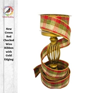 Green Red Natural Check with Metallic Ribbon, Wired Ribbon, 1.5&quot; Plaid Christmas ribbon, Gold edging .
