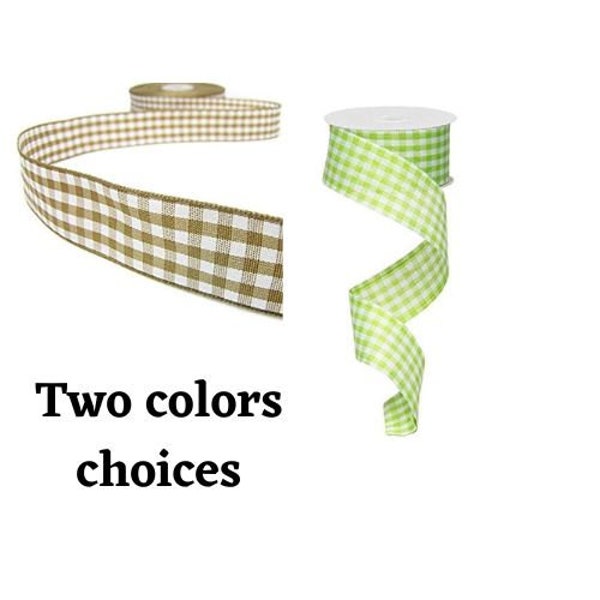 Brown and cream or lime green Gingham Check Ribbon 1.5" wide 10 yards Primitive ribbon wired, Farmhouse Ribbon, Robins Wreathery