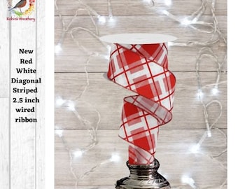 2,5 breit Glitzerndes Karo auf Royal, Rot und Weiß diagonal gestreiftes Wired Band, 10 Meter, Bogenband, Kranzzubehör