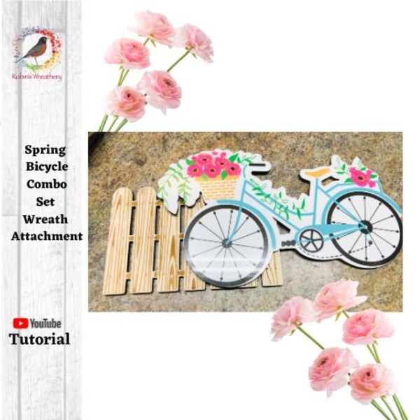 Spring Bike/Fence Combo Wreath Attachment, Bike tier tray decor, Teal bike with pink flowers, Spring/summer  decor, Robins Wreathery