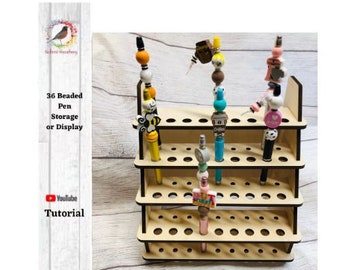 Espositore portapenne con perline, organizer portapenne con 36 fori per penne con perline, supporto in legno tagliato al laser, scegli lo stile per esposizione di artigianato o per la conservazione domestica.