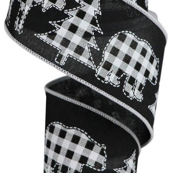 2.5" Wired Black buffalo plaid Ribbon with Black and White Check Moose, Trees, and Bear - Woodland Ribbon - 10 yards