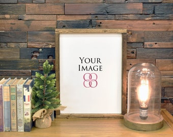 Real Photo Mockups Wood Frame And Rustic Wood Wall Industrial Light Empty Christmas Frame Mockup Blank Christmas Frame Mock Up Mock Ups 3d Glass Window Logo Mockup