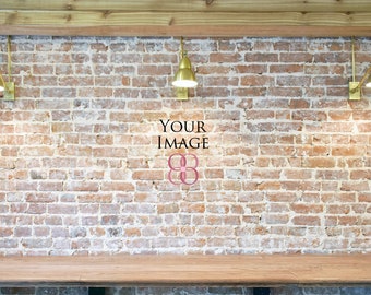 Real Photo Mockups Brick Wall Wood Bar 3 Lights Blank Brick Wall Background Mock Up Wood Beam Empty Wall Mockup With Natural Lighting 3d Wall Logo Mockup