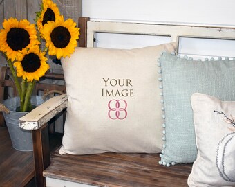 Download Free Real photo mockups, farmhouse style mock ups, linen and pumpkin pillow sunflowers, square pillow mock up, real linen pillow mockup on bench PSD Template