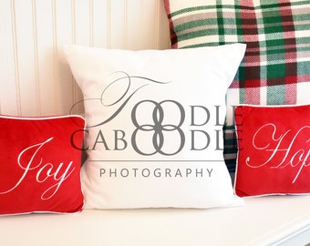 Download Free Styled Stock Photography Christmas Pillow, White Square Pillow Mockup Mock Up, Red Green White Plaid, Digital File Mockups, White Background PSD Template