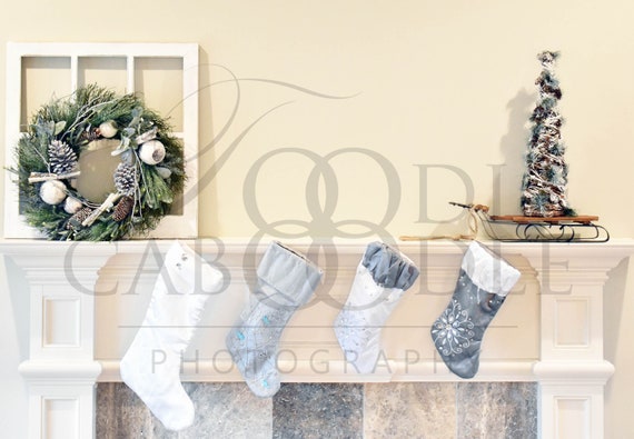Christmas Fireplace Mantel Mockup 4 Stockings And Tree Blank Etsy