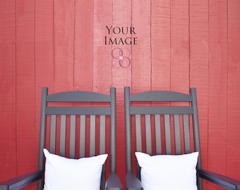 Real photo mockups, farmhouse style mock ups, 2 black rocking chairs and pillows outside a red barn, empty wood wall, blank wall and pillows