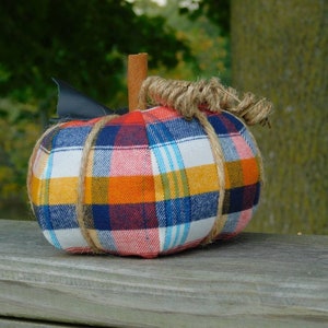 May include: A plaid pumpkin with a cinnamon stick stem and twine accents. The pumpkin is decorated with a blue, red, yellow, and white plaid fabric.