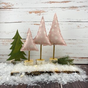 Pink Snowflake Rustic Trees, Farmhouse Decor, Fabric Trees, Tiered Tray Decoration, Winter Christmas Decorations