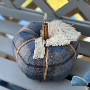 Flannel Pumpkin Blue Plaid Fabric, Cozy Fall Decoration, Autumn Home Decor, Thanksgiving Centerpiece, Macrame Leaf, Rustic Style Tartan