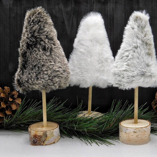 Rustic Farmhouse Faux Fur Trees | Scandinavian Style Christmas Decor | Tiered Tray Decoration | Winter Mantle Decoration