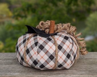 Black White Orange Plaid Fabric Pumpkin, Farmhouse Autumn Decor, Cinnamon Stick Stem