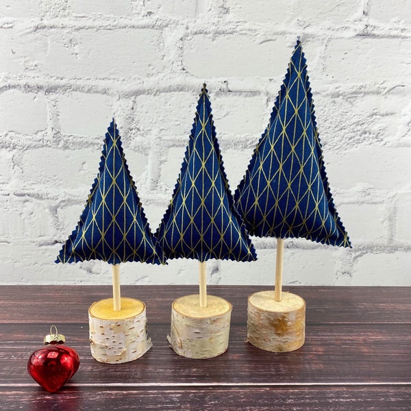 Christmas Trees Blue Gold Fabric | Modern Rustic Farmhouse | Tiered Tray Decor | Stuffed Holiday Winter Decoration