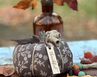 Handmade Fabric Pumpkin, Brown Floral Print, Cinnamon Stick Stem, Thankful Tag