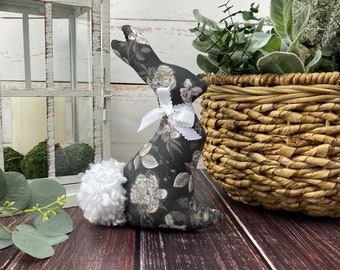 Floral Bunny Black Gray White, Basket Filler, Fabric Easter Stuffed Rabbit, Spring Home Decor, Unique Spring Gifts