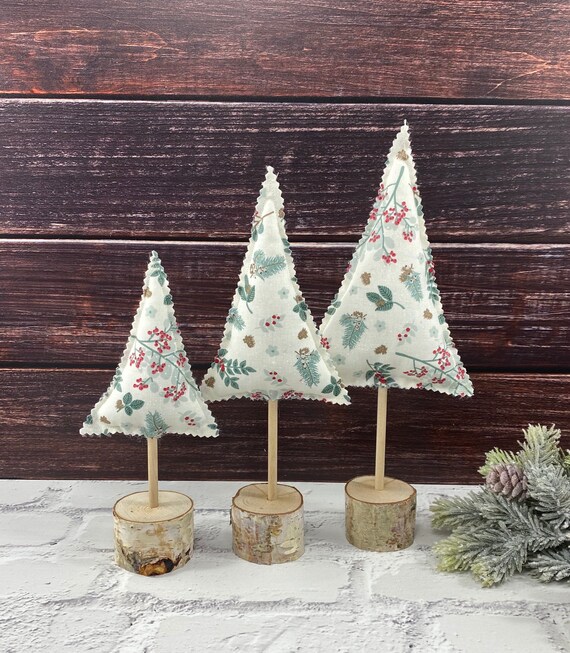 Fabric Christmas Trees Ivory White Green Red Juniper Berries