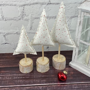Red Dot Fabric Christmas Tree, Birch Base, Rustic Holiday Decor