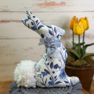 Spring Fabric Bunny, Blue White Floral, Fabric Stuffed Rabbit, Tiered Tray, Easter Home Decor