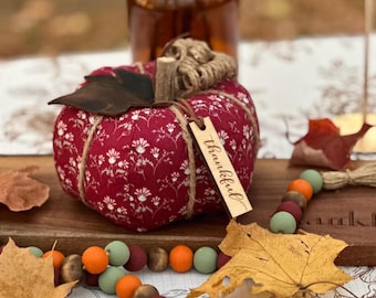 Cranberry Floral Fabric Pumpkin: Farmhouse Fall Decor, Cinnamon Stick Stem, Leather Leaf
