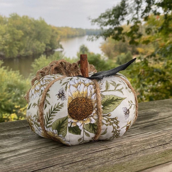 Sunflower Fabric Pumpkin, Stuffed Fall Home Decor, Thanksgiving Autumn Accent, Harvest Decorations, Tiered Tray Display