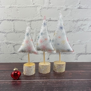 Fabric Christmas Tree, White Snowflake Decor, Rustic Birch Base