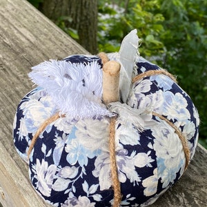 Blue Floral Fabric Pumpkin: Cottagecore Fall Decor, Choice of Stem