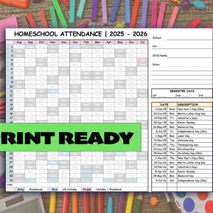 Könnte beinhalten: Ein druckbarer Homeschool-Anwesenheitskalender für das Schuljahr 2025-2026. Der Kalender enthält ein Raster für jeden Monat mit Platz zum Markieren der Anwesenheit und einen separaten Bereich für Semestertage mit Beschreibungen von Feiertagen und Gedenktagen.