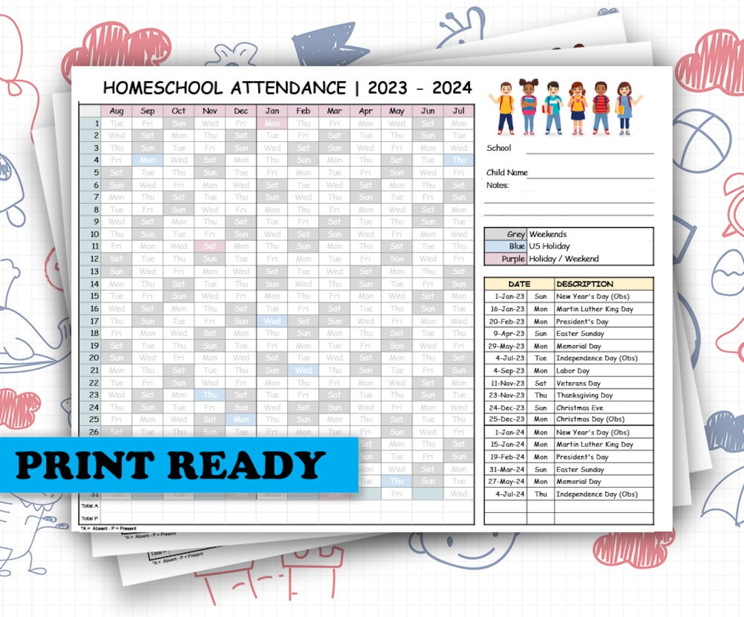 20232024 Homeschool Kit Attendance Recording Log Sheet for Kids Teens