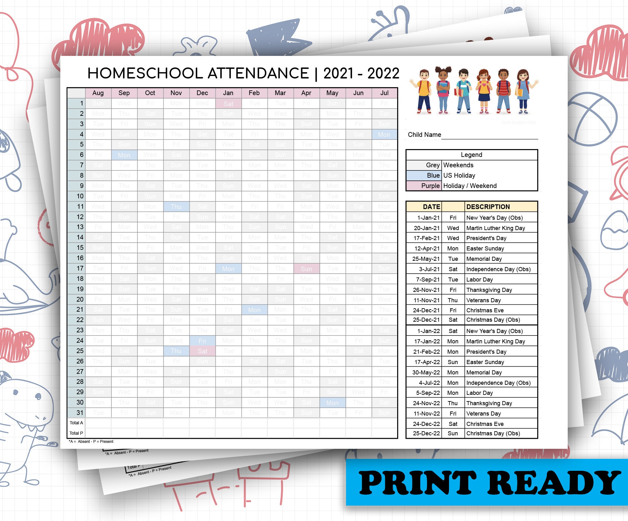 2022 Attendance Calendar Printable