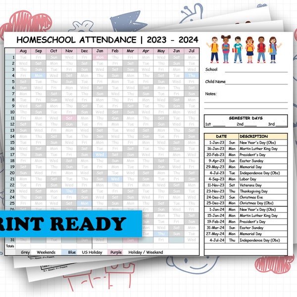 2023-2024 Homeschool Kit - Attendance Recording Log Sheet for Kids Teens Education and learning printable planner with semesters and art