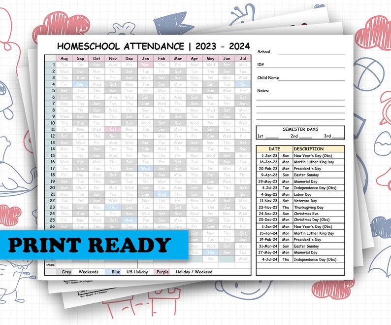 20232024 Homeschool Kit Attendance Recording Log Sheet for Kids Teens